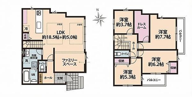 ご家族が自然と集まる23帖超えのLDKを採用。主寝室は7.7帖のゆとりある広さを確保し、ご家族みんながゆったりとくつろげるお住まいです。