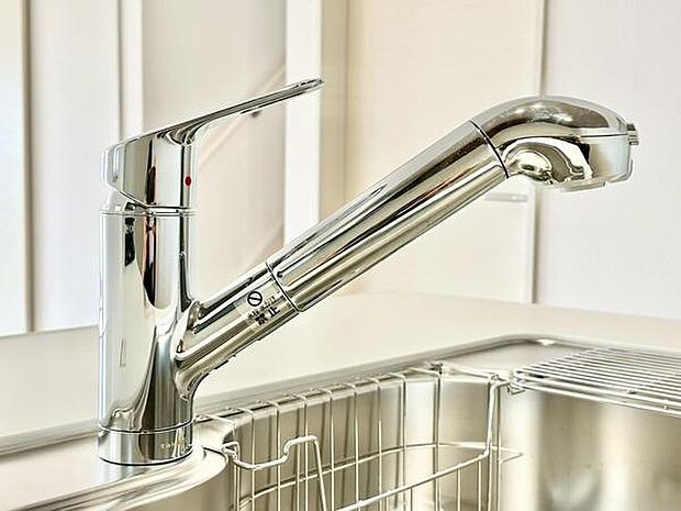 浄水器付きのシンクで、調理や飲料に便利。毎日の家事が快適に行えるキッチンです。スポンジや洗剤を置くバスケットもあるのですっきり片付きます。