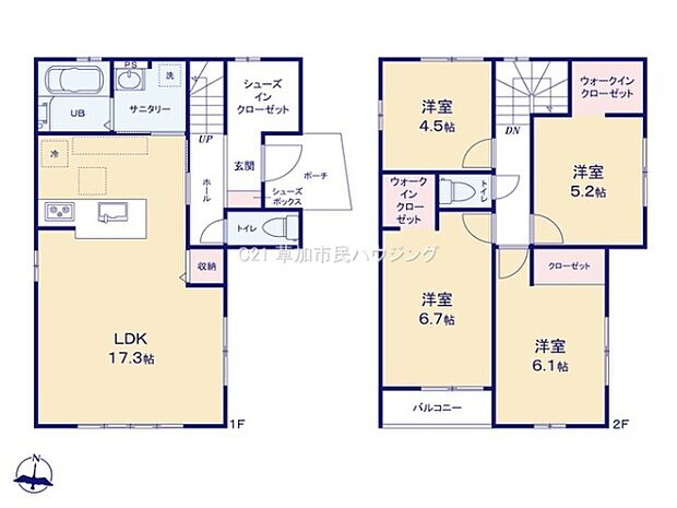 1階は広々としたLDKを中心とした設計で2階には4つの寝室が効率よく配置されています。ウォークインクローゼットやバルコニーも備えられており収納と利便性のバランスが考慮されています。