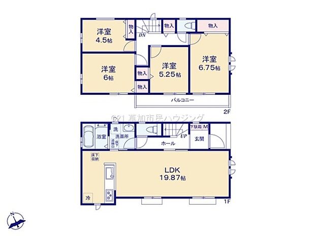 LDKが約20帖と広々とした空間となっております。全居室に収納スペースが設けられており使い勝手のよい設計です。2階には4つの洋室がありバルコニーへのアクセスも可能です。