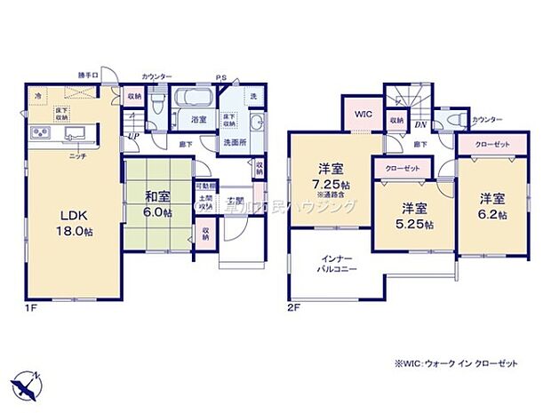 天候を気にせず洗濯物が干せる屋根付きインナーバルコニーや、各階に設置されたカウンター付きトイレなど、日常の使い勝手を細部まで追求した間取りプランです。