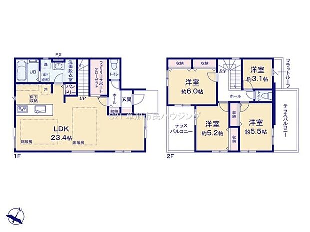 ゆとりある23.4帖のLDKが魅力の間取りです。収納スペースも豊富に確保されています。2階には3部屋の洋室が設けられており用途に応じて活用できます。テラスバルコニーの開放感もうれしいポイントです。