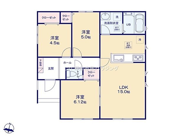 3つの洋室がバランスよく配置されており使い分けがしやすい間取りです。広々としたLDKは15帖ありレイアウトの自由度が高いです。各部屋にクローゼットが設けられているので収納面も安心です。