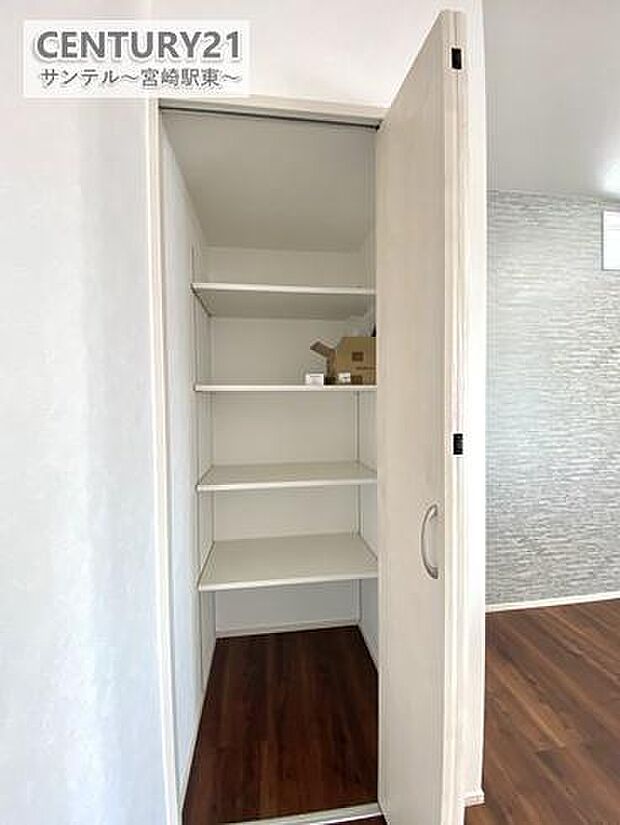 キッチン横の収納スペース。大容量なので消耗品、日用品などのまとめ買いなどでも安心して収納できます。