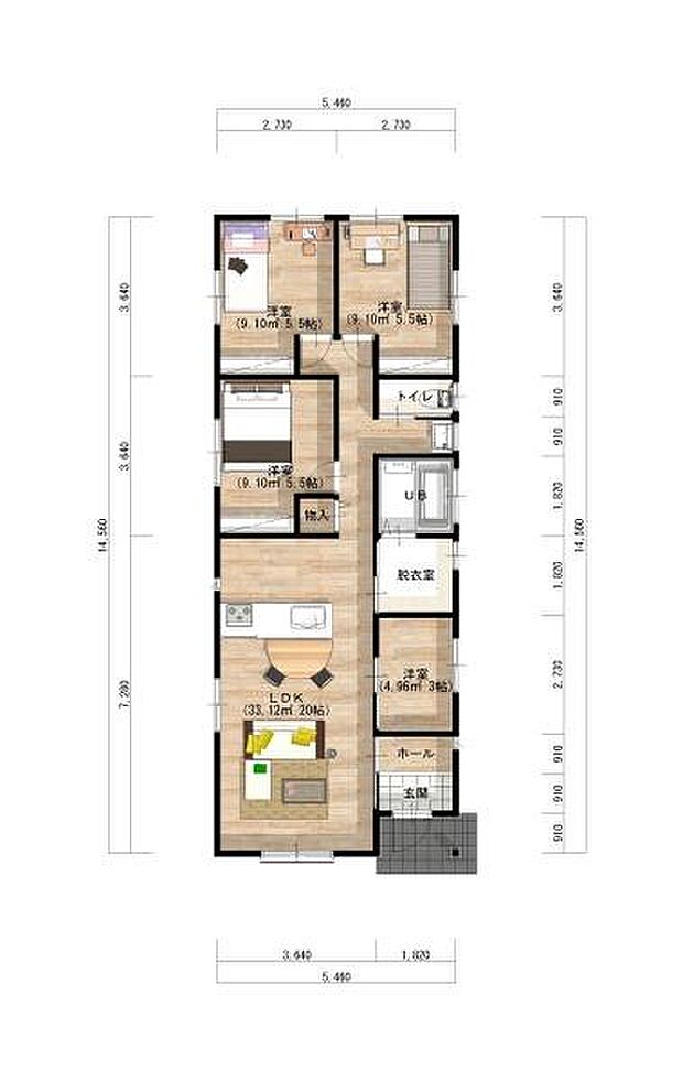 4LDKの間取り。豊富な収納スペースを完備。クローゼットで衣類もすっきり収納でき、家族全員が快適に過ごせる空間です。