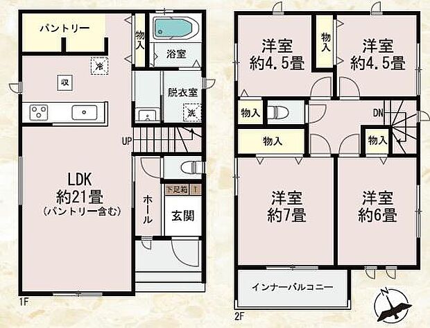 洋室が4部屋ある間取りです。お子様が多く、「1人1部屋ほしい!」というファミリーにピッタリの間取りです!
