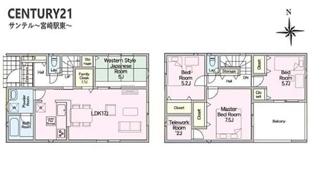 1Fにはファミリークローク、2階にはテレワークルームのある4LDK
