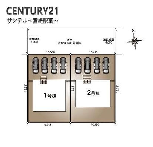 全体区画図です。駐車場も4台駐車可能です。※車種による