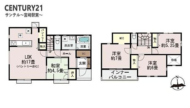 LDK17帖以上の広々としたリビング。洋室7帖でW.I.Cもあり収納量も多い設計です。お荷物の多いファミリーにオススメです!