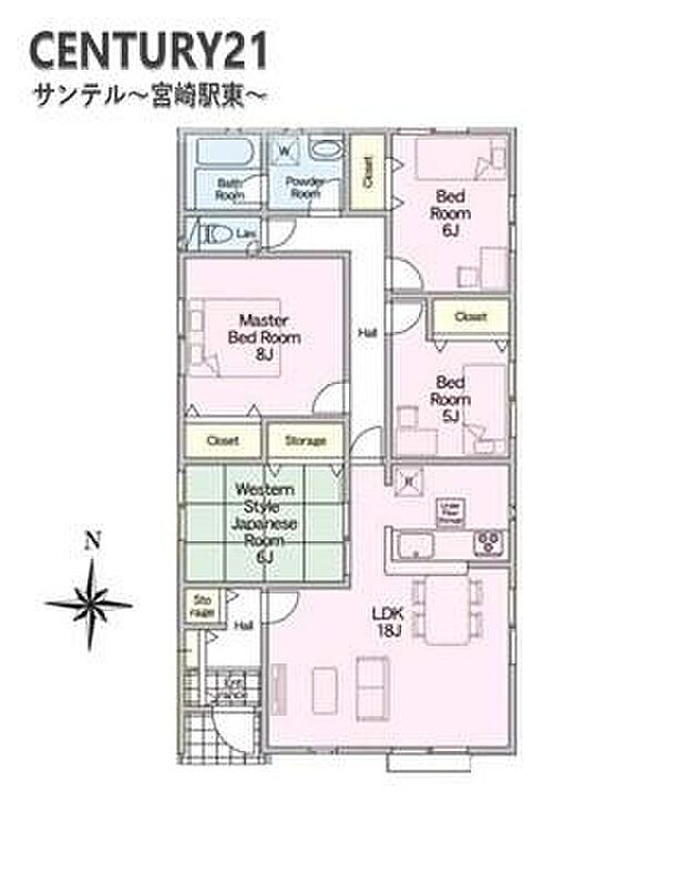 南向き、平家の4LDKの間取りです♪広々としたリビング横には和室が併設しております♪また、すべてのお部屋に収納スペースがあるので収納力もバッチリです！！