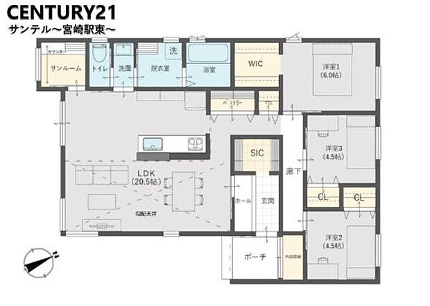 家族が集まる20.5帖の広々リビングを備えた平屋。生活動線もスムーズで快適です。