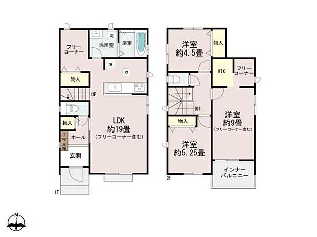 B号棟です。3LDK+Fの間取り。1階にはパントリーを設置し、キッチン周りをすっきり収納♪2階は3洋室に加え、家族で使えるファミリースペースを確保し、ライフスタイルに合わせ多用途に活用可能です。