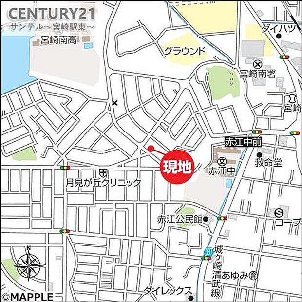 現地案内図です!赤江中学校まで徒歩7分(約700m)の距離です♪