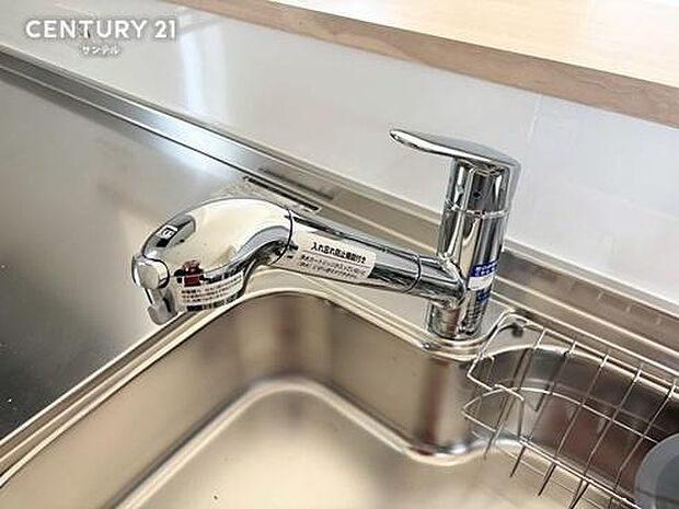 食器や野菜などの水洗いがスムーズにこなせるハンドシャワーのついた水栓。浄水器一体型なので便利です。