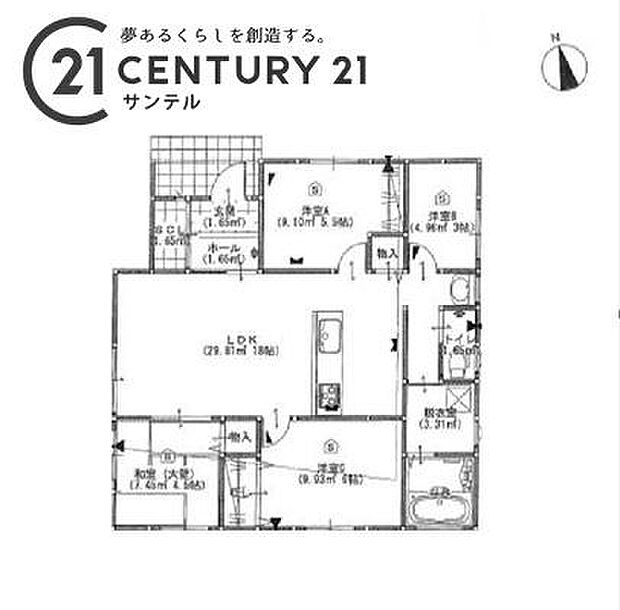 4LDKの間取り。豊富な収納スペースを完備。衣類もすっきり収納でき、家族全員が快適に過ごせる空間です!