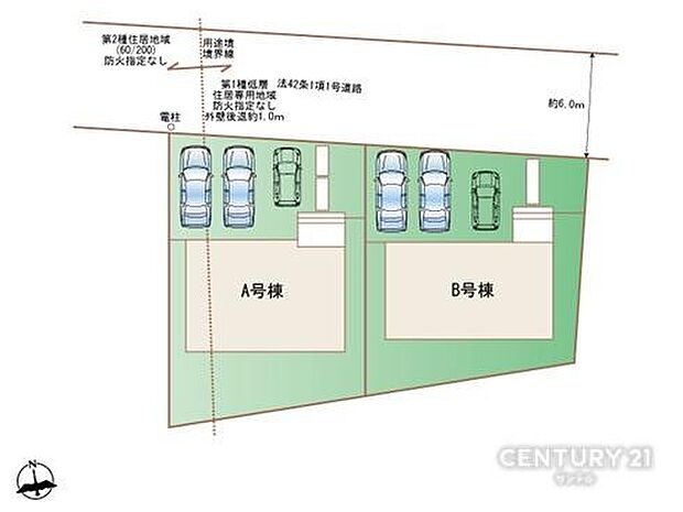 本物件はB号棟です。お車は2台駐車可能です。※車種によります。