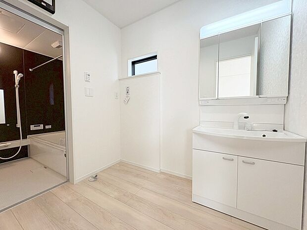 三面鏡に洗面台。 コンセントに照明機能、多機能性を備えた設備です。