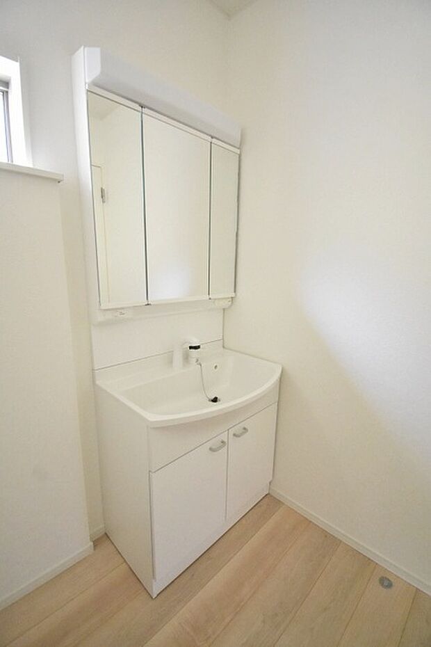 三面鏡に洗面台。 コンセントに照明機能、多機能性を備えた設備です。