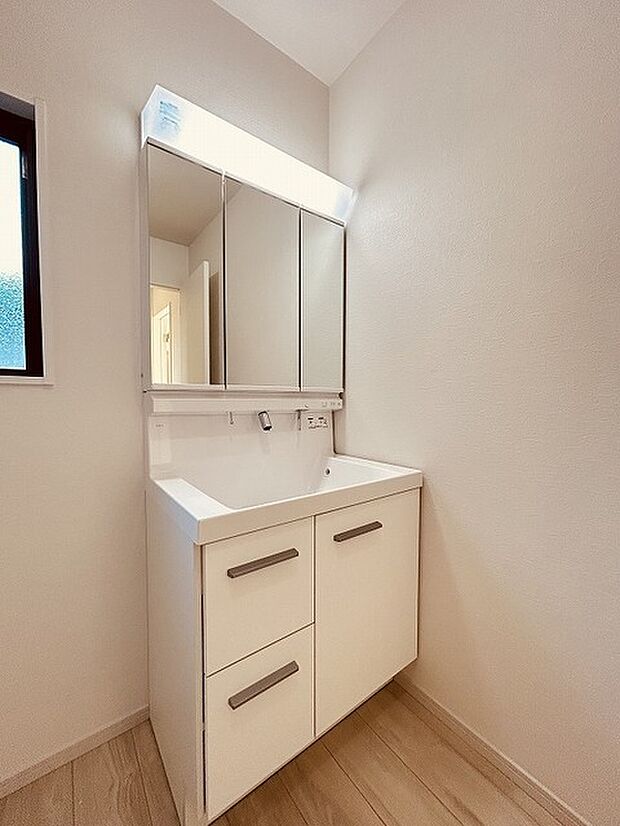 三面鏡に洗面台。 コンセントに照明機能、多機能性を備えた設備です。