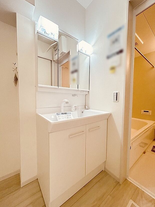 三面鏡に洗面台。 コンセントに照明機能、多機能性を備えた設備です。  