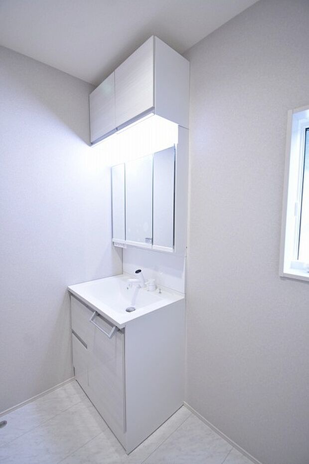 三面鏡に洗面台。 コンセントに照明機能、多機能性を備えた設備です。