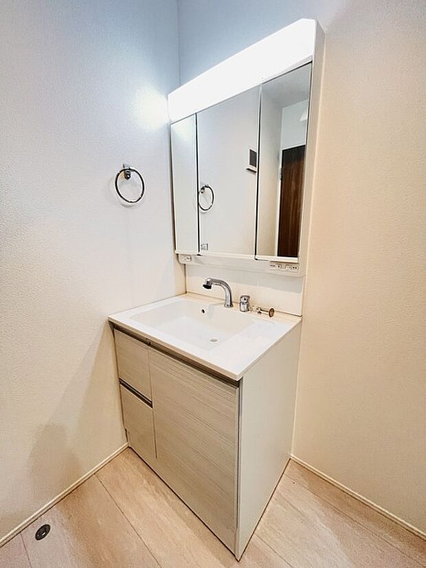 三面鏡に洗面台。 コンセントに照明機能、多機能性を備えた設備です。  