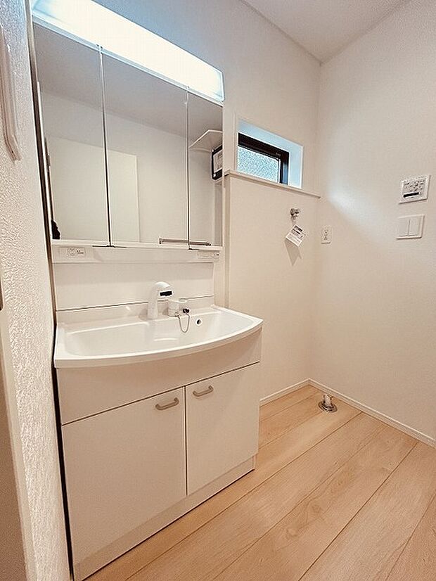 三面鏡に洗面台。 コンセントに照明機能、多機能性を備えた設備です。