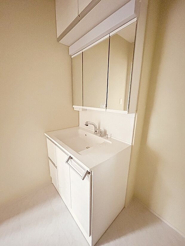 三面鏡に洗面台。 コンセントに照明機能、多機能性を備えた設備です。