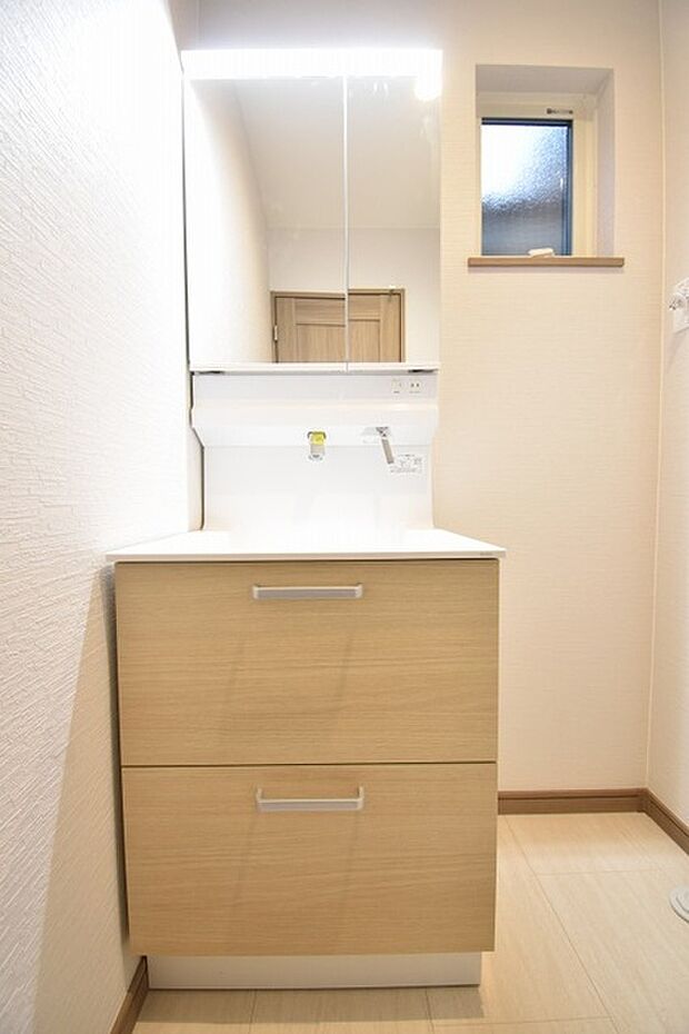 三面鏡に洗面台。 コンセントに照明機能、多機能性を備えた設備です。  