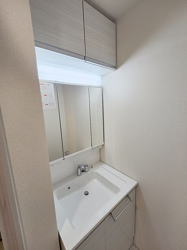三面鏡に洗面台。 コンセントに照明機能、多機能性を備えた設備です。  