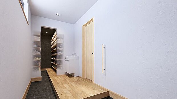 玄関のイメージパース。土間でつながるシューズクロークがあります。