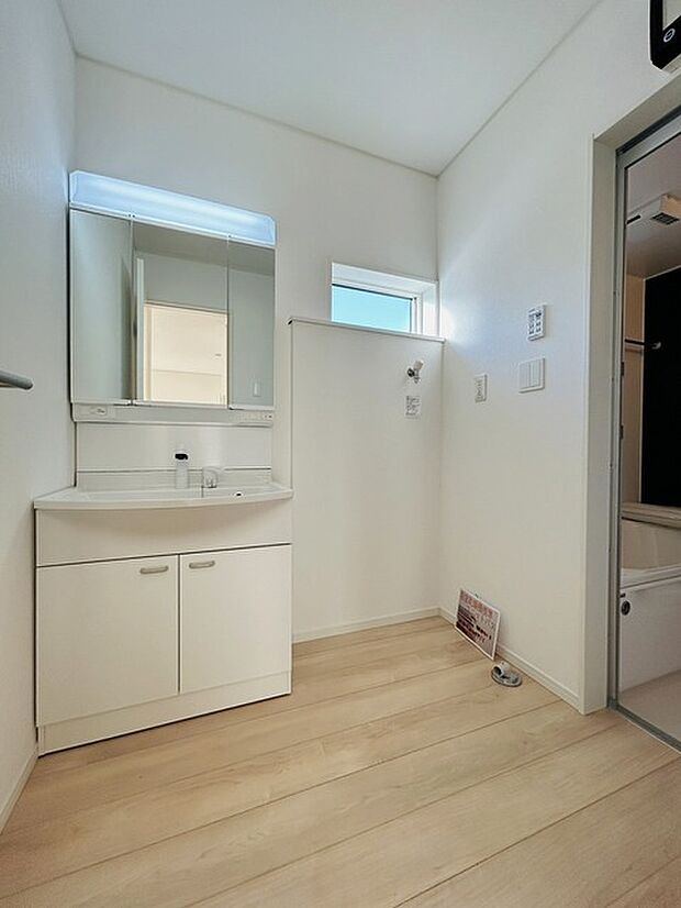 三面鏡に洗面台。 コンセントに照明機能、多機能性を備えた設備です。  