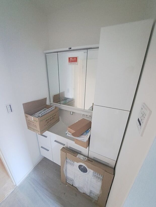 三面鏡に洗面台。 コンセントに照明機能、多機能性を備えた設備です。