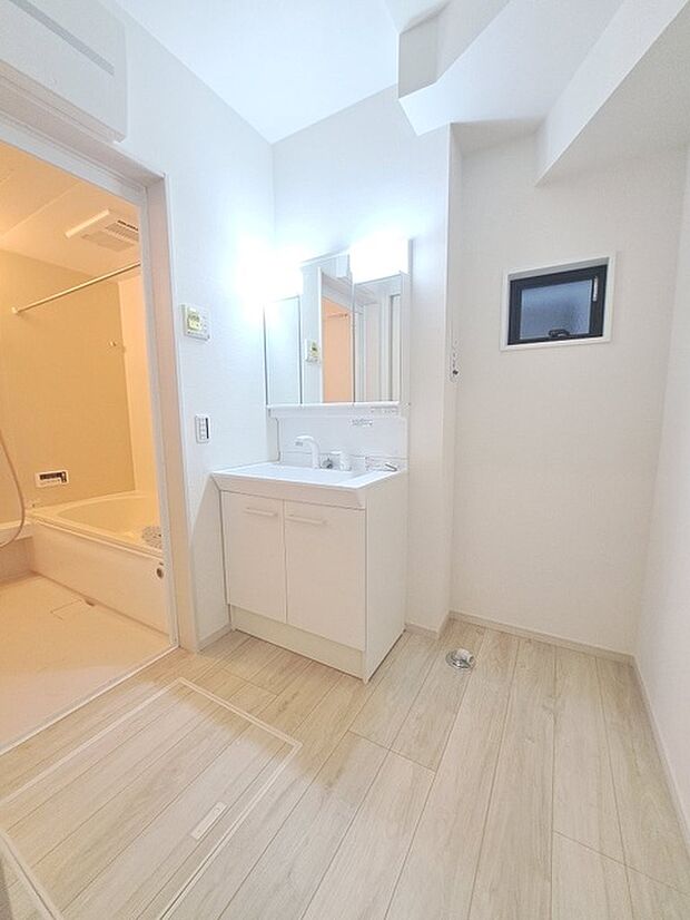 三面鏡に洗面台。 コンセントに照明機能、多機能性を備えた設備です。