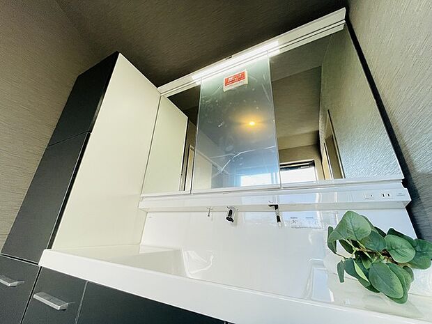 三面鏡に洗面台。 コンセントに照明機能、多機能性を備えた設備です。  