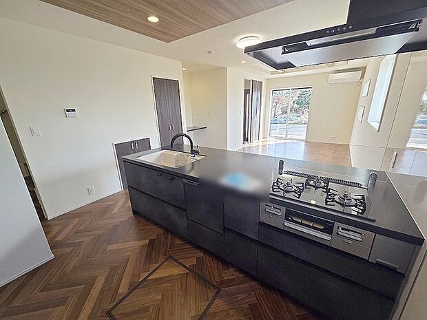 お料理をしながらリビングの家族やゲストとの会話が楽しめるカウンタータイプのキッチン。毎日のお料理を楽しく快適に。