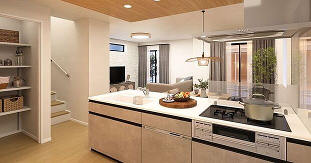 カウンターキッチンならではの開放的な見通し、全体が見渡せることでご家族の団欒スペースもより明るく笑顔が溢れる空間となります。