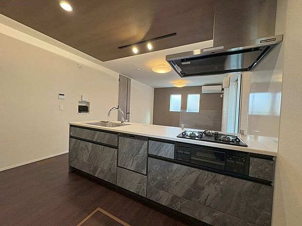 お料理をしながらリビングの家族やゲストとの会話が楽しめるカウンタータイプのキッチン。毎日のお料理を楽しく快適に。 