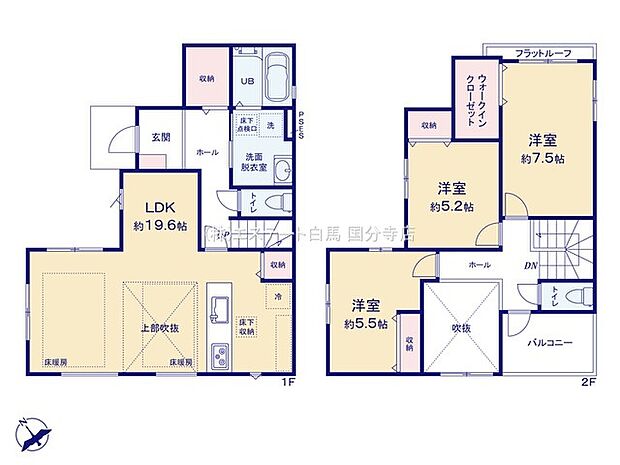 吹抜けのある3LDKの間取り