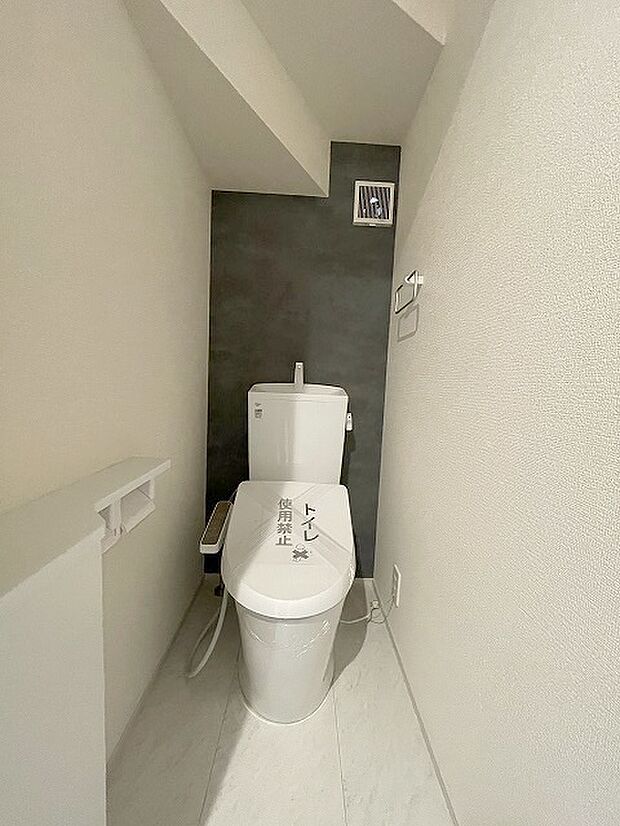 階段下を有効活用したトイレスペース。 便座はもちろんウォシュレット。