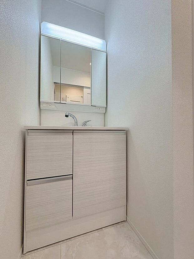 三面鏡に洗面台。 コンセントに照明機能、多機能性を備えた設備です。  
