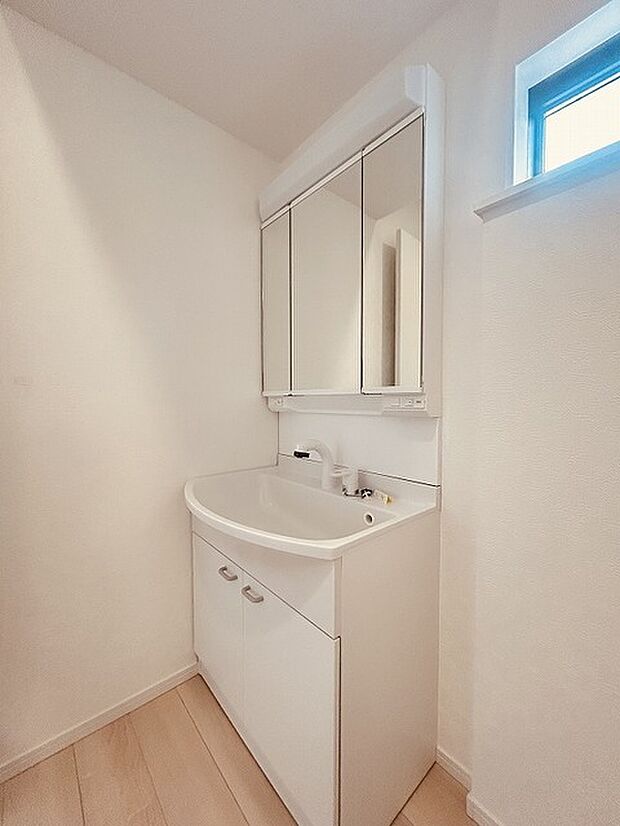 三面鏡に洗面台。 コンセントに照明機能、多機能性を備えた設備です。  