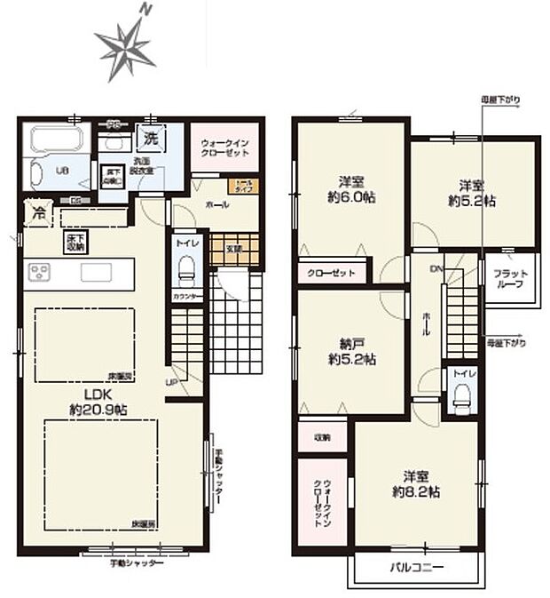 20帖のLDK、ウォークイン×2か所の充実した収納力を備える2号棟