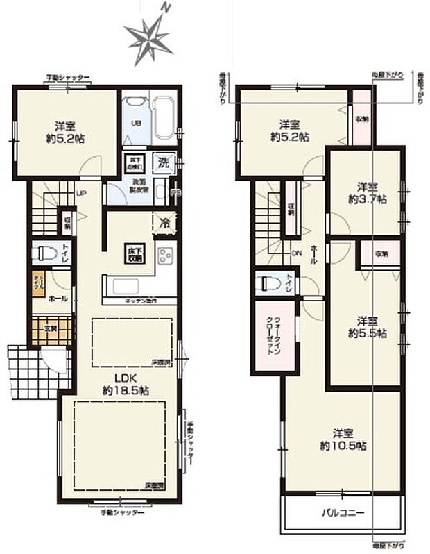 大小5つのお部屋を備えた5LDKプラン。 お家の中心にキッチンを配置した間取り設計。