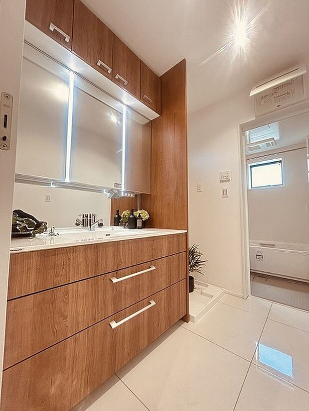 三面鏡に洗面台。 コンセントに照明機能、多機能性を備えた設備です。