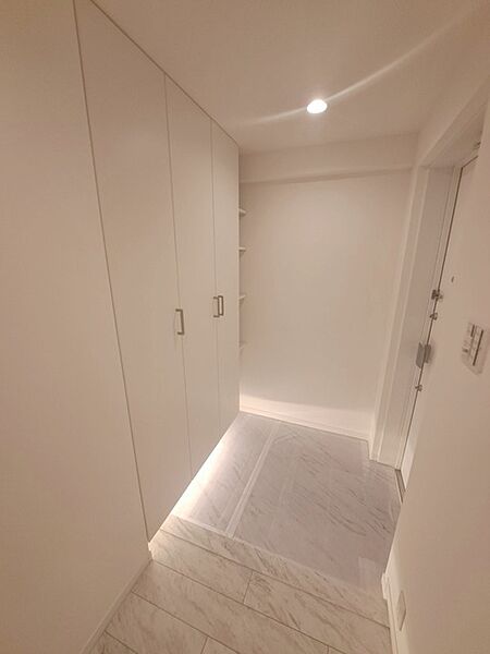 玄関は家の第一印象を左右する重要な場所。ほどよい広さとスタイリッシュな色遣いが印象的です。