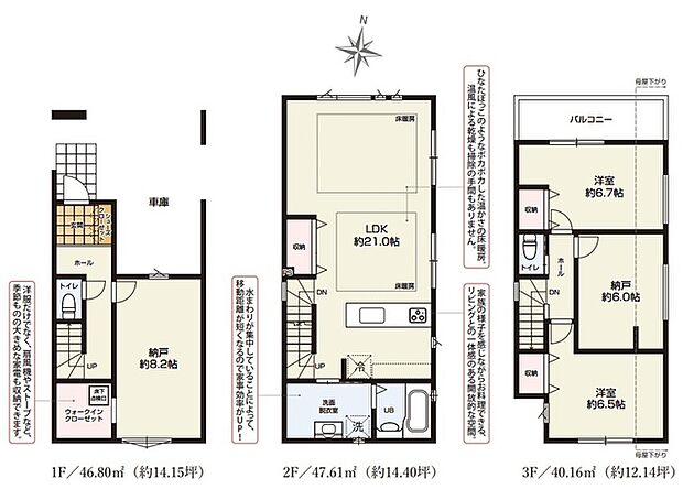 収納スペースが豊富な都市型の3階建て住宅。