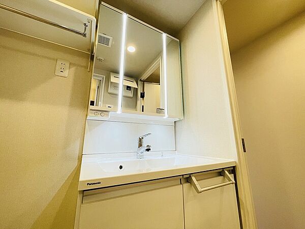 三面鏡に洗面台。 コンセントに照明機能、多機能性を備えた設備です。