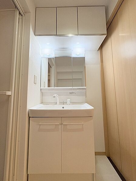 三面鏡に洗面台。 コンセントに照明機能、多機能性を備えた設備です。