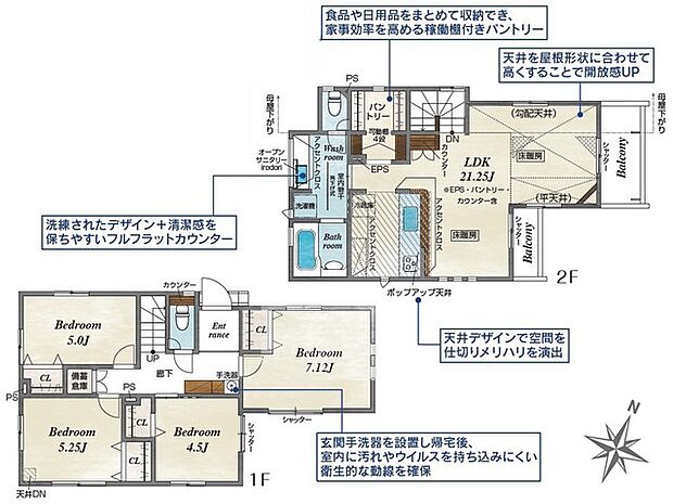 勾配天井がもたらす豊かな広がりと、ゆとりある4つの空間構成が日々の暮らしに調和をもたらし、充実した収納設計が住まい全体のすっきりとした落ち着きを永く保ち続けます